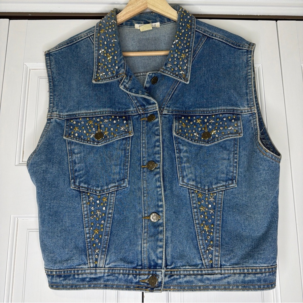 Vintage Stud-Embellished Blue Denim Vest Size Large Rodeo Cowgirl Glam Western